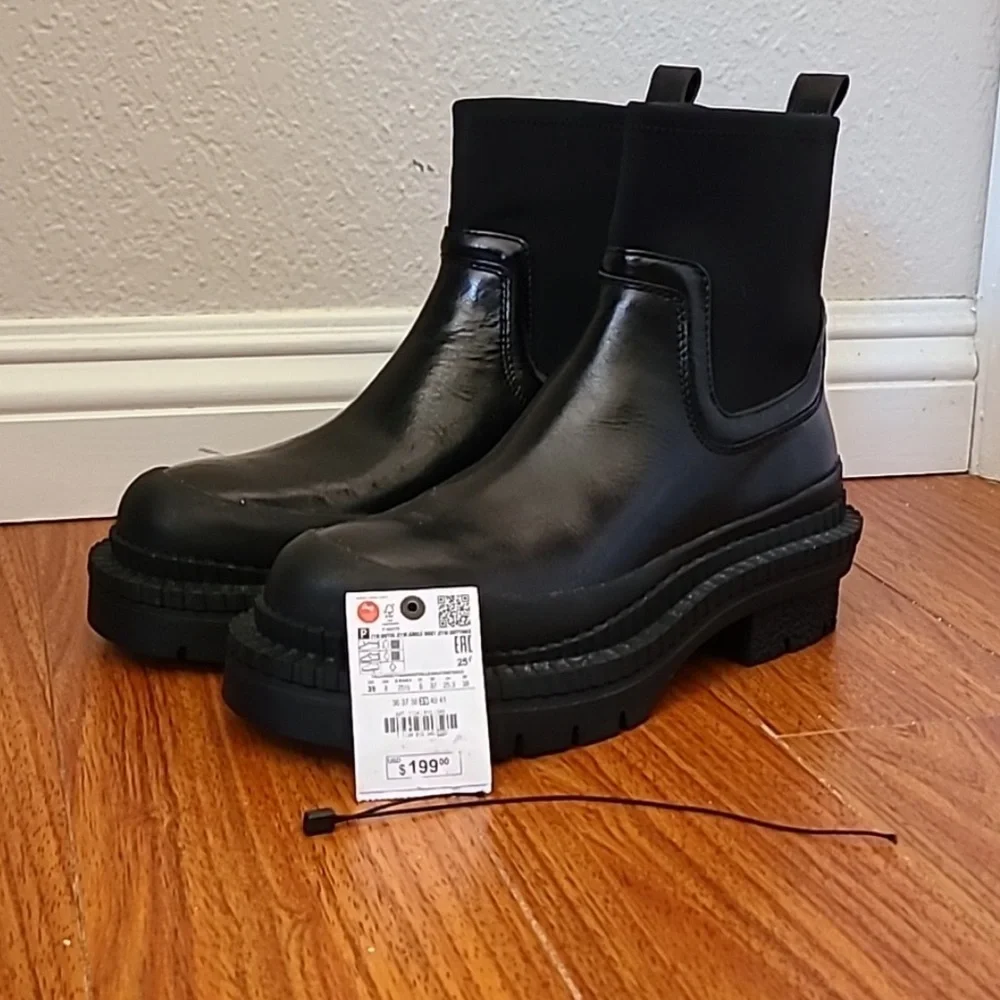 Zara Black Chunky Combat / Moto Ankle Boots 38